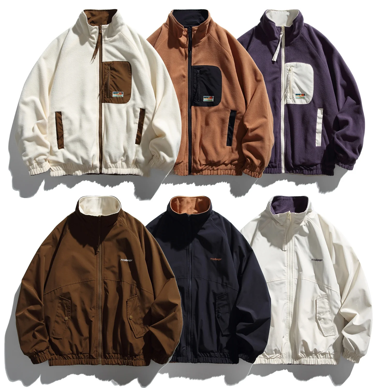 

ex Loose Fit Cam Jaet with ket Patchwork Workwear Sle Stand Collar Outdoor Casual Wear Polyester Nylon Cosi...