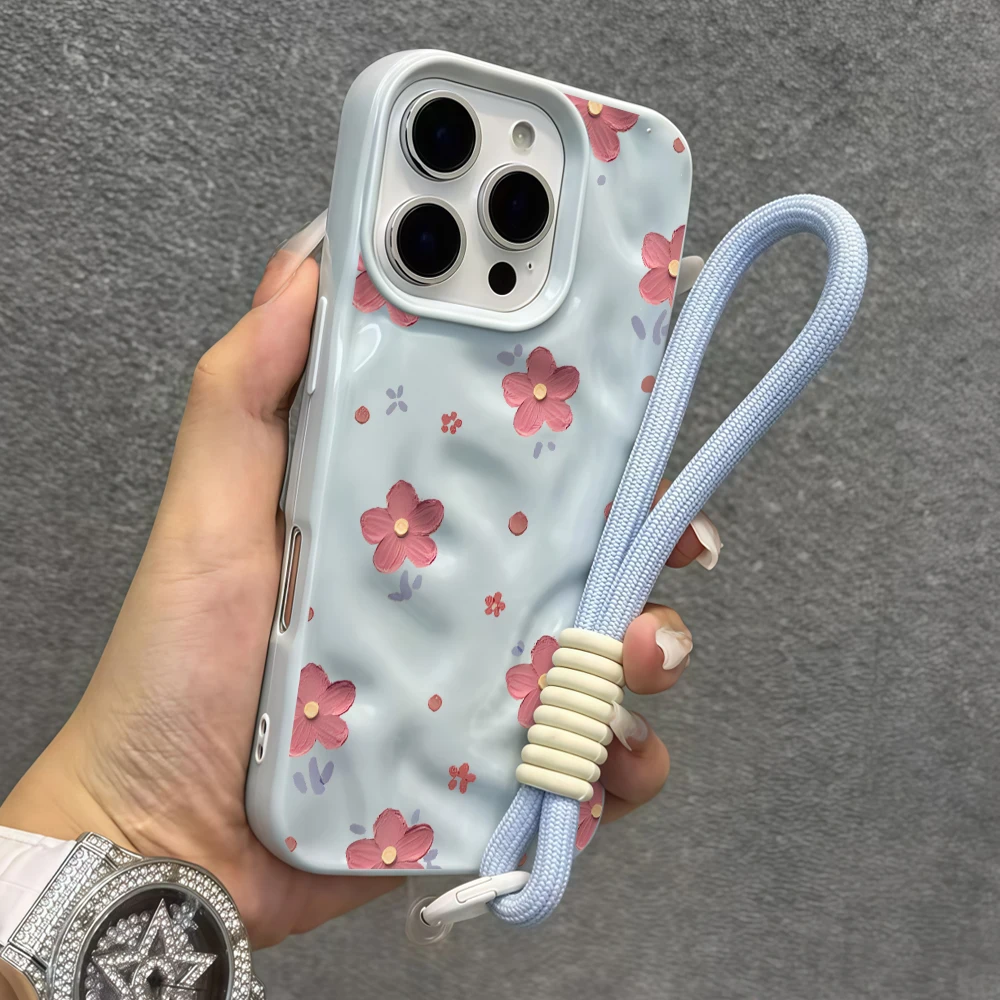 Coquet Blumenmuster Falten-Silikon-Handyhülle für iPhone 17 15 13 11 12 14 16 17 Pro Max 14 Plus 17Air mit Lanyard-Abdeckung – Detail 5