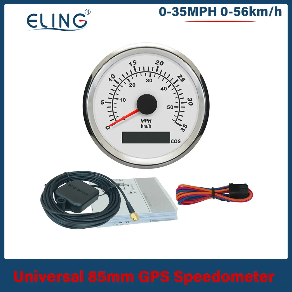 ELING Waterproof 85mm Marine 0-35MPH 0-80MPH GPS Speedometer with Red Backlight 12V 24V for Car Boat SUV with GPS Antenna