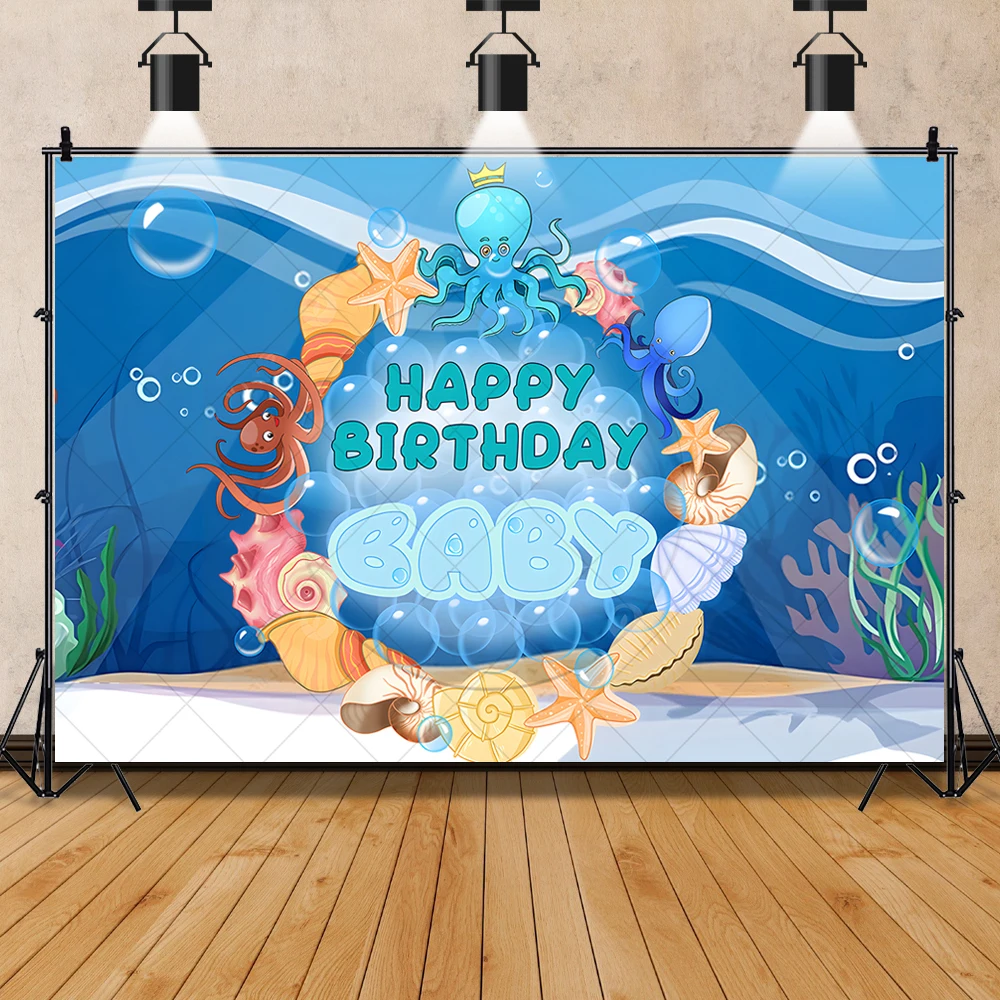 Toile de fond de bande dessinée personnalisée pour chambre d'enfant, affiche photo, décor, mignon, petit requin, méduse, poisson, bannière de fête d'anniversaire, cadeau pour enfants