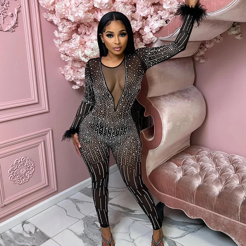 

Crystal Rhinestone Sparkly Bodycon Jumpsuit Women 2023 Evening Party Club Birthday Outfits Mesh Patchwork Long Sleeve Romper