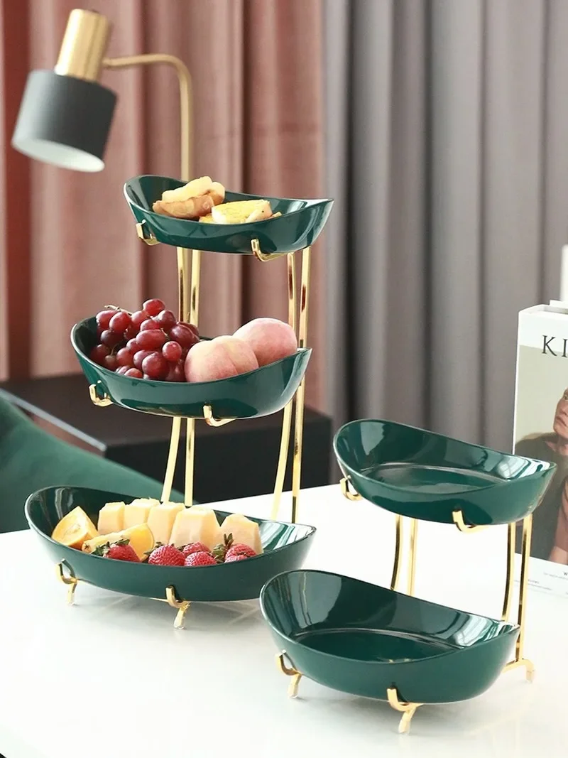 

Ceramic Dark Green Fruit Bowl Creative Double-layer Metal Rack Snack Tray Living Room Dining Table Tabletop Display Tray Crafts