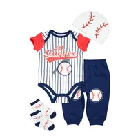 Clearance Baby Boy Bodysuit Set 4Pcs 3M Fashion Baseball Stripe Print Short Sleeve Summer Cotton Pants Hat Socks