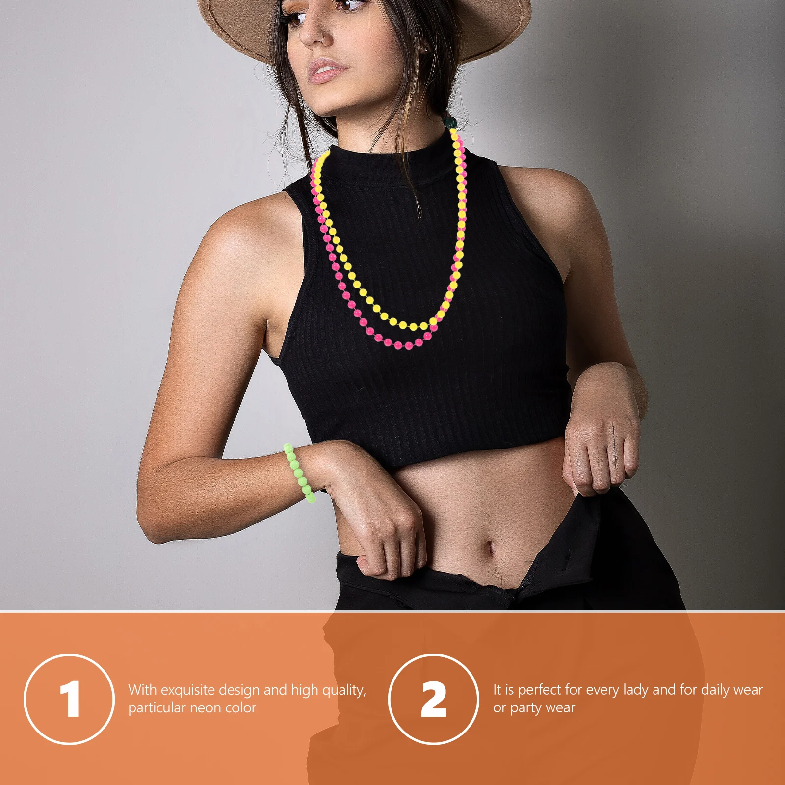 

1 set Neon Bead Necklace Set Colorful Plastic 70S 80S Party Jewelry For Women Girls Dance Costume Accessories With Bracelet