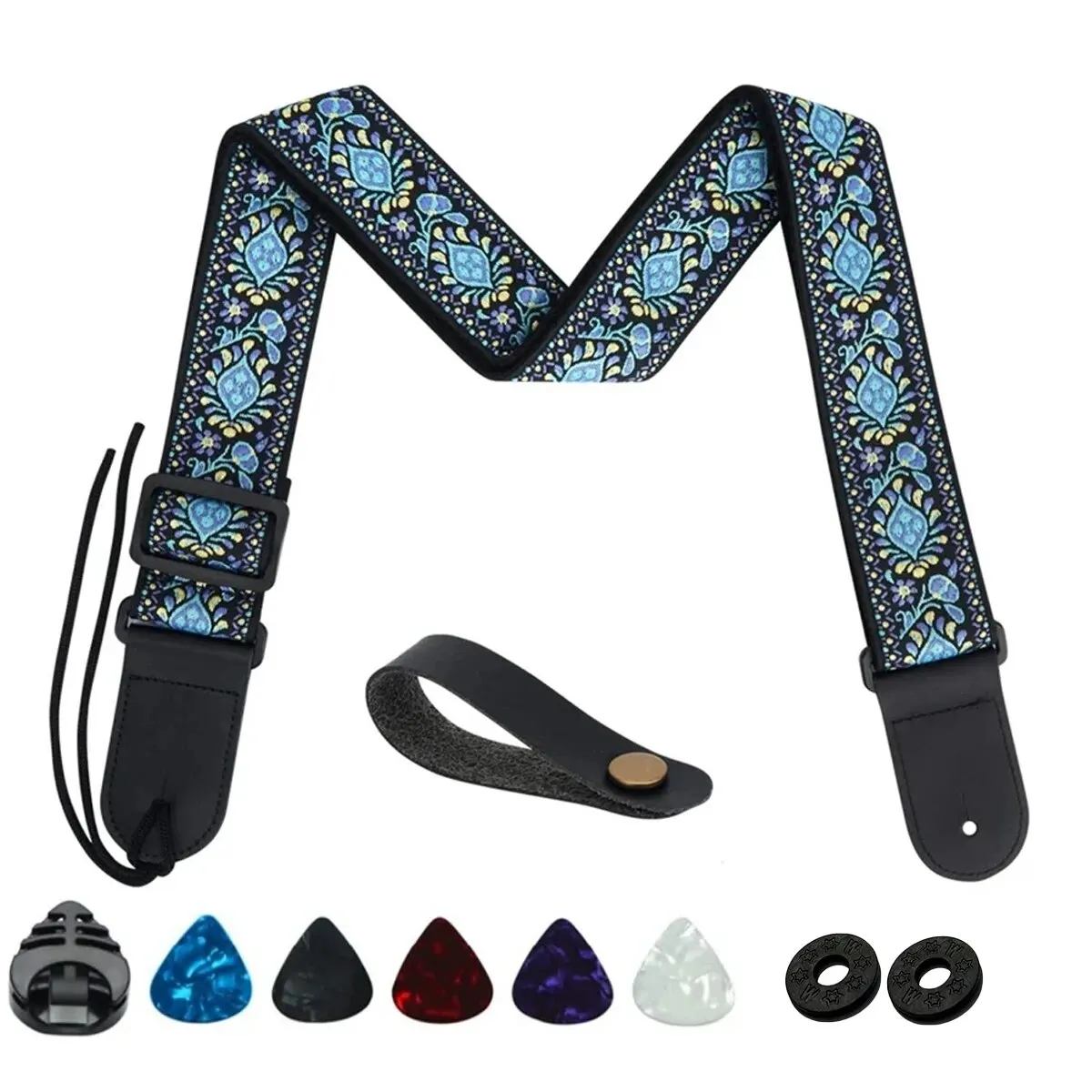 10Pcs Guitar Strap, Electric Guitars and Bass, Jacquard Weave Embroidered Adjustable Strap Includes 5 Picks and Pick Pocket