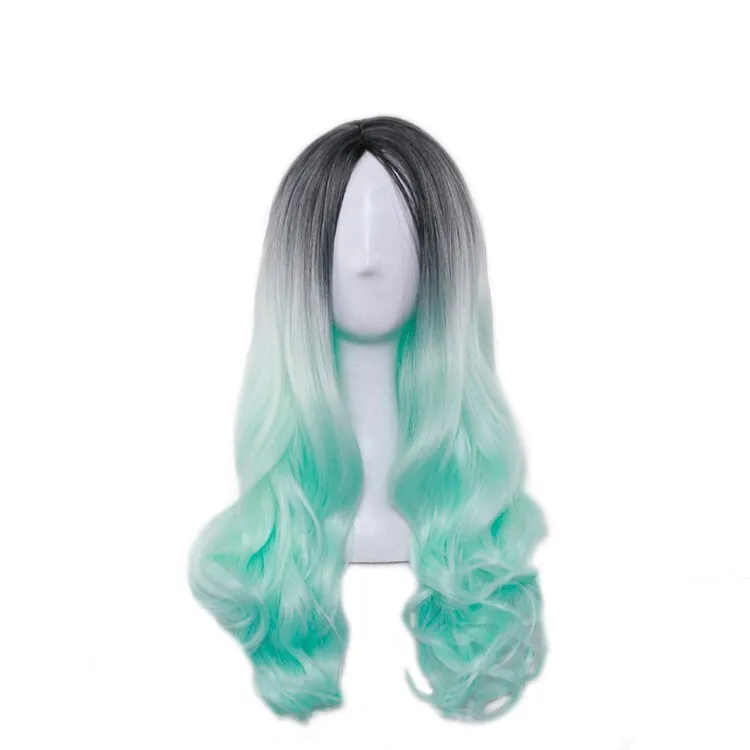 باروكات شعر صناعية طبيعية بطول 26 بوصة، شعر مستعار طويل مموج مقاوم للحرارة، أخضر متدرج