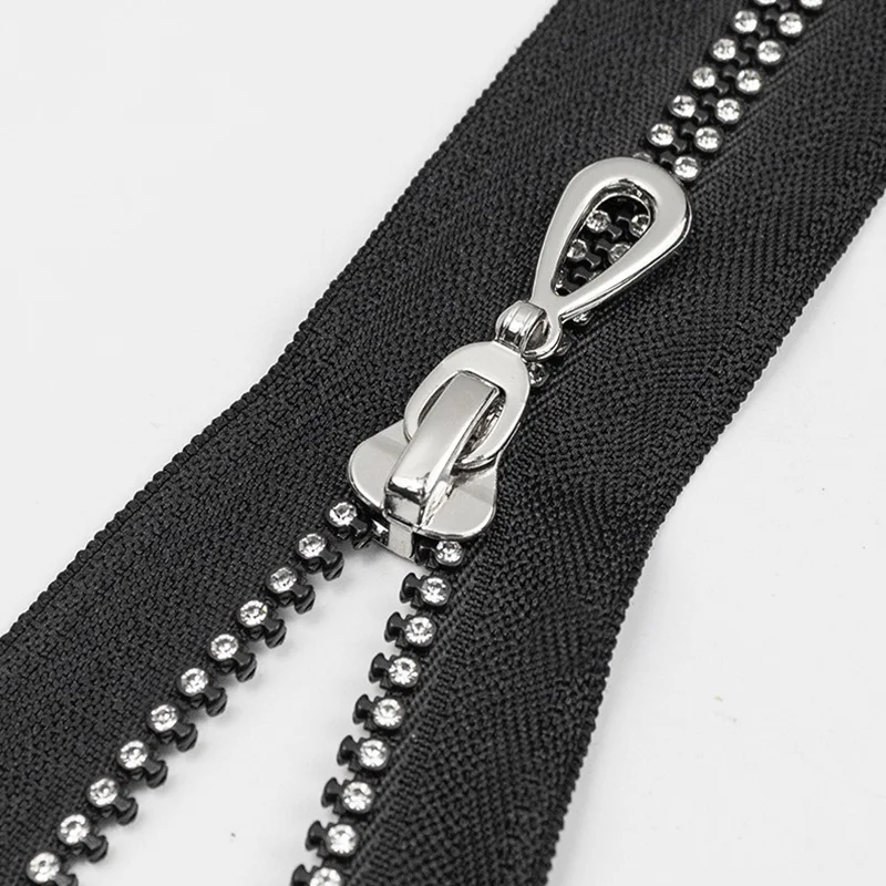 40/50/60/70cm Open-end Rhinestone Diamond Shining Resin Zipper 5# Black Repair Zip Bag Coat Jacket Handmade Sewing Accessories