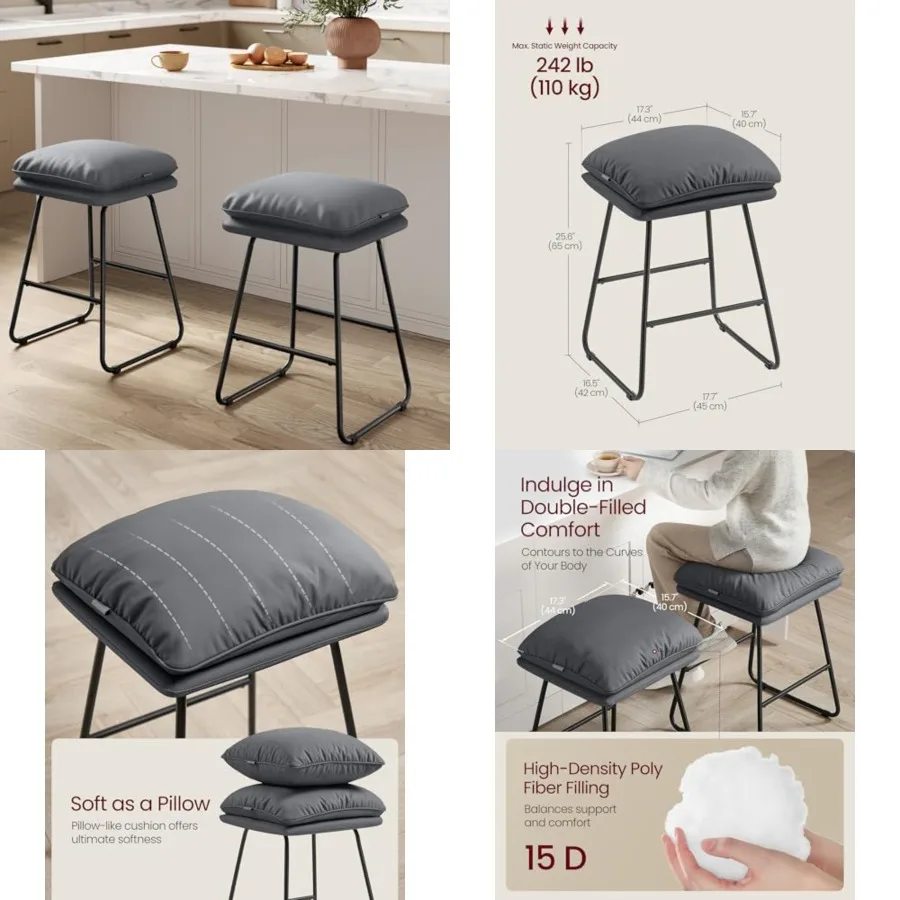 

Bar Stools, Counter Height Bar Stools, Leather Counter Stools Barstools with Soft Cushion and Metal Sled Legs, 25.6 Inch Bar He