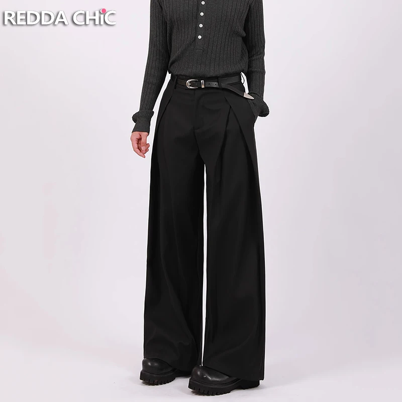 REDDACHiC Business Casual Men Black Pants Dressy Pleated Front Pockets Wide Leg Low Rise Plain Suit Trouser Office Everyday Wear