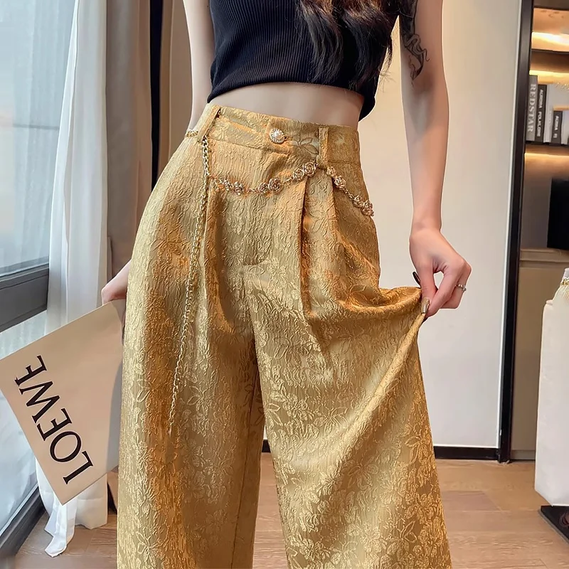 Gold Embroidered Silk Wide Leg Pants Women's Summer Tang Suit High Waist Drapey Small Size National Style Casual West Pants
