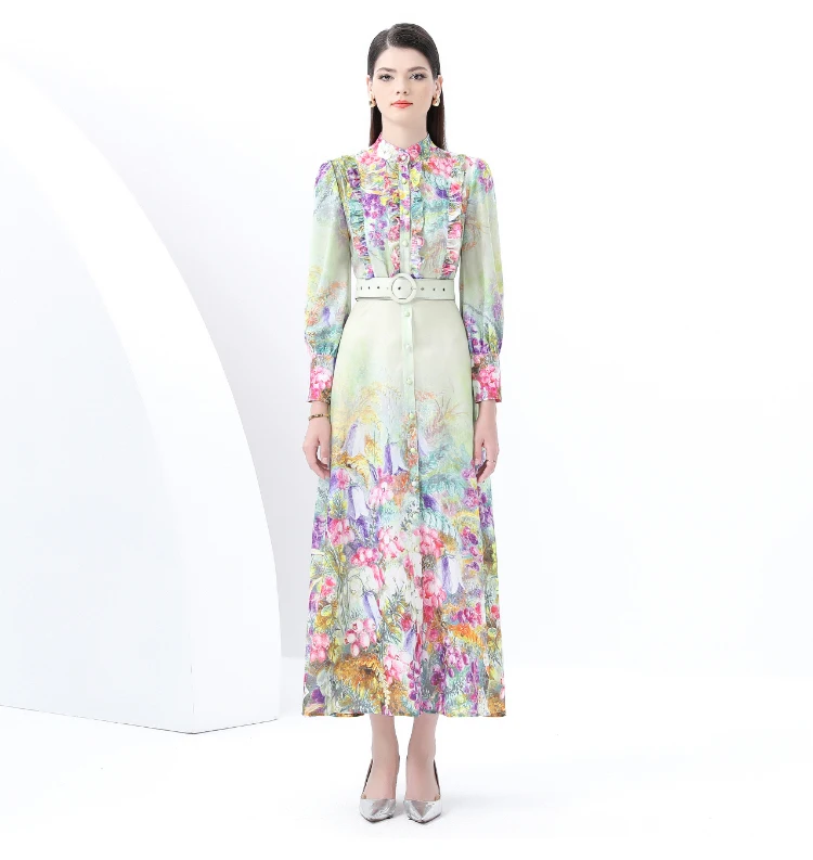 ZAROY Abito lungo con stampa floreale Abbigliamento da vacanza per donna Manica lunga Colletto alla coreana Cintura Abito lungo a trapezio Abiti di lusso Abiti