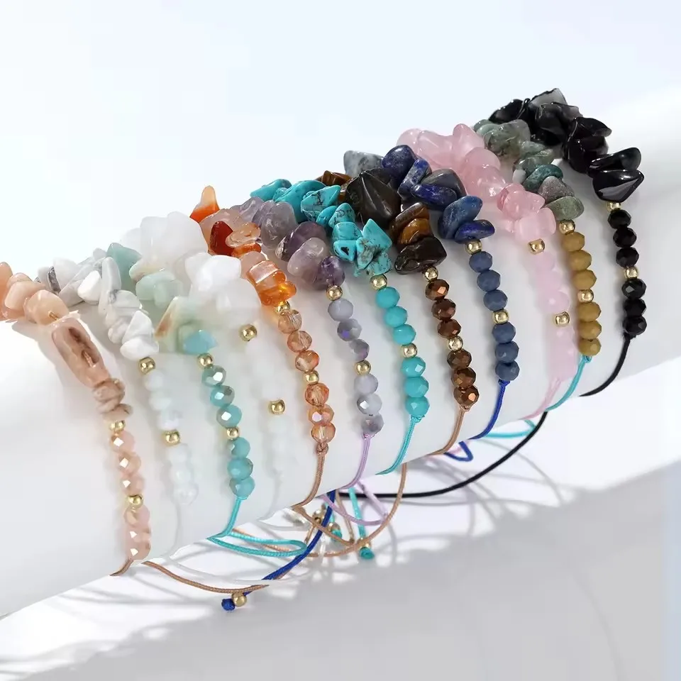 12-Piece Set Colorful Natural Pebbles Hand-Woven Irregular Bead Adjustable Fashion Handchain Unisex