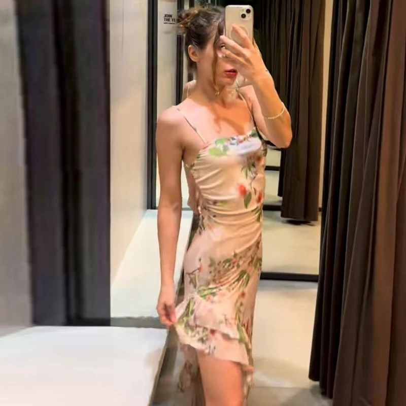 Hxao vestido feminino estampado verão 2025, casual, midi, costas nuas, em camadas, peça única, resort, babados, sem mangas