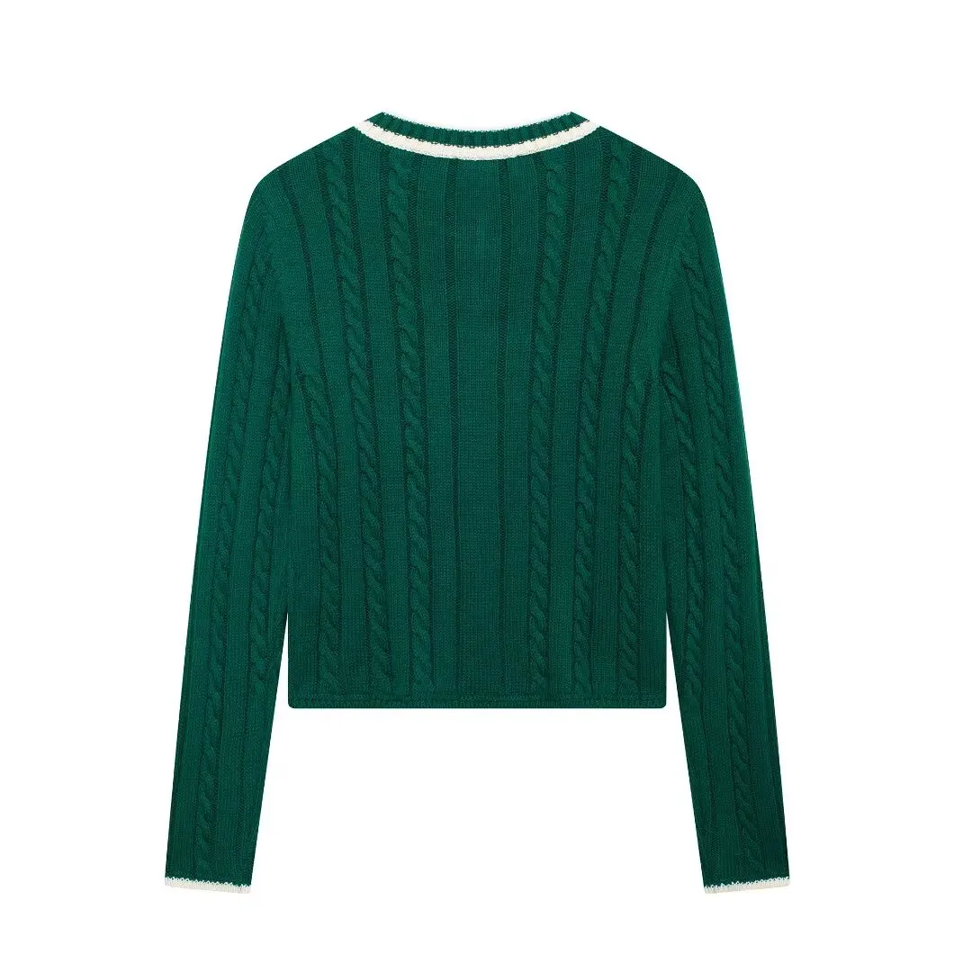 Tangada Women Green Striped Crop Sweater Jumper V Neck Elegant Pullovers Chic Tops BE0366