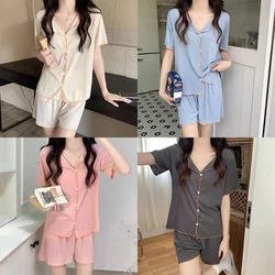 Summer New Pajamas Set of Short-Sleeved Pyjamas Female Korean Thin Fake Cardigan Label Buttons Simple Ice Silk Pajamas Home Wear