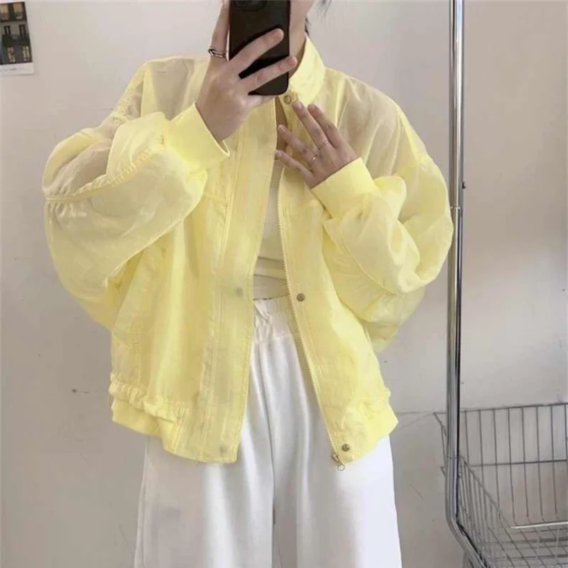 4 Colors Jackets Women Baggy Thin Sunscreen Leisure Korean Style Shirring Sweet Sporty American  Outerwear New Summer Retro