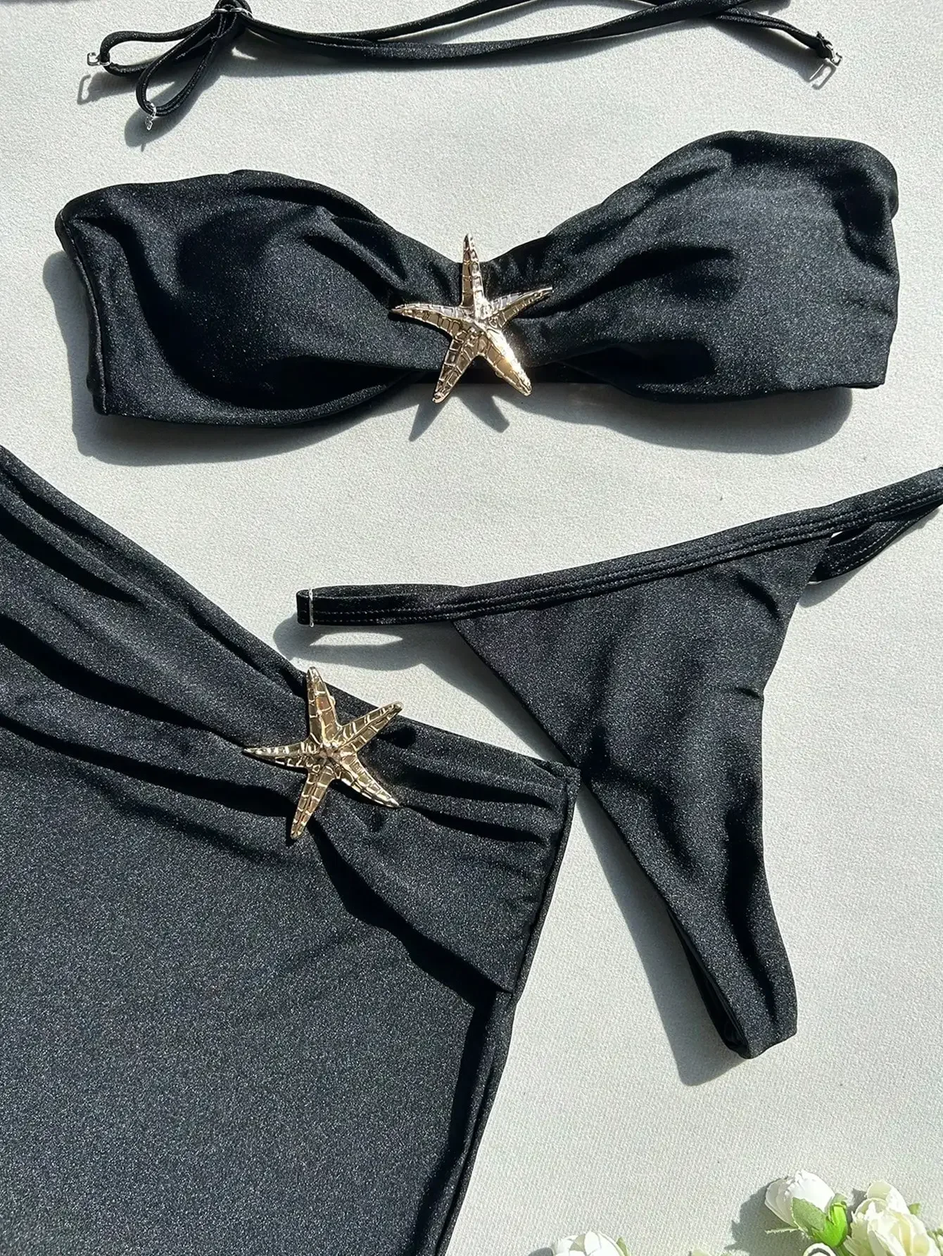 Peachtan Damskie, jednokolorowe, seksowne bikini i spódnica z szelkami, ozdobione metalowymi rozgwiazdami, trzyczęściowy zestaw do wakacji na plaży