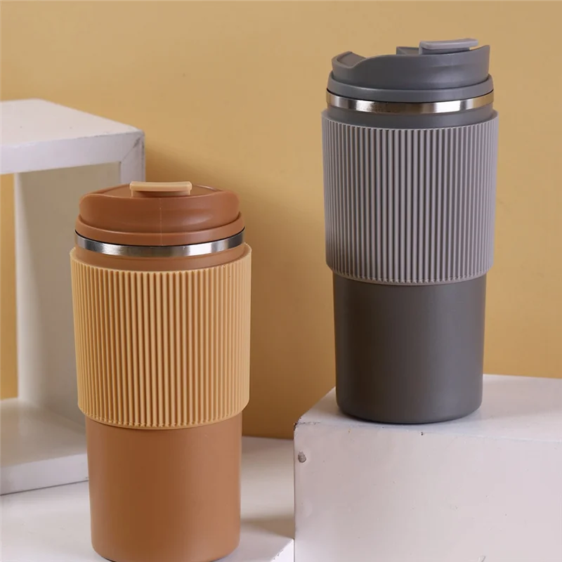 ABLN-Caza de café Taza de viaje con agarre de silicona resistente al calor de doble pared, tazas portátiles ecológicas con tapa a prueba de fugas