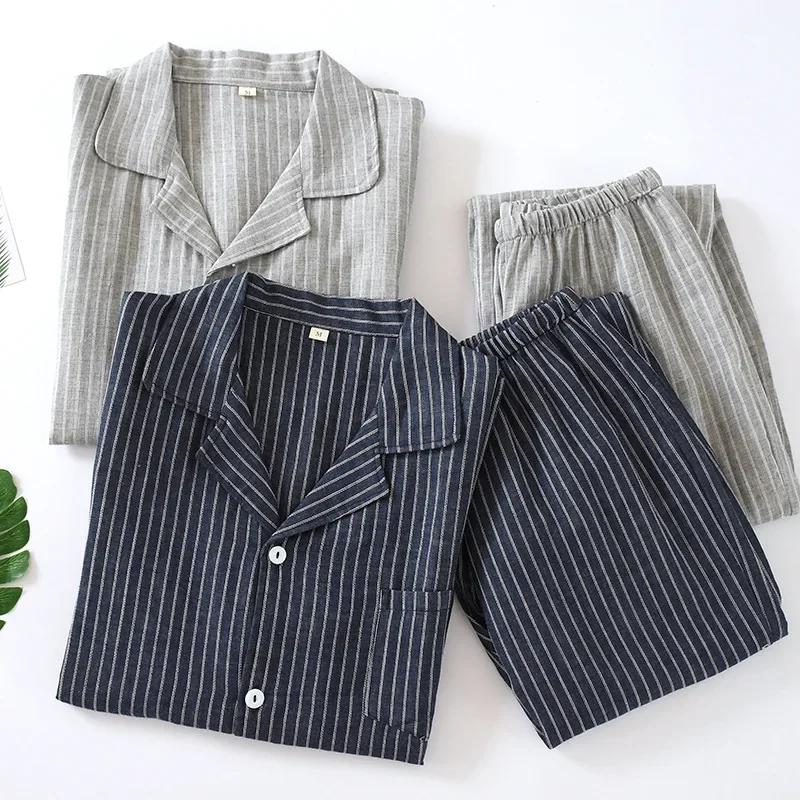 Men Vertical Striped Sleepwear Long Sleeve Gauze Mens Pajamas Plus Size Simple Cotton Nightwear 2 Piece Lounge Set Home Clothes