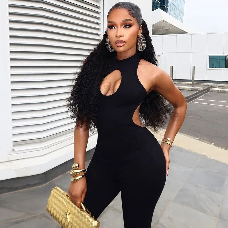 جمبسوت نسائي بياقة واقفة وسحاب بدون أكمام مجوف بدون ظهر، خصر منخفض، لون خالص، مثير