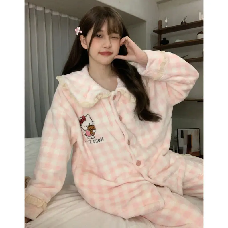 

Sanrio Cute Hello Kitty Pajamas Female Autumn and Winter Coral Fleece Plus Velvet Pajama Set Thicken Flannel Lounge Clothes Suit