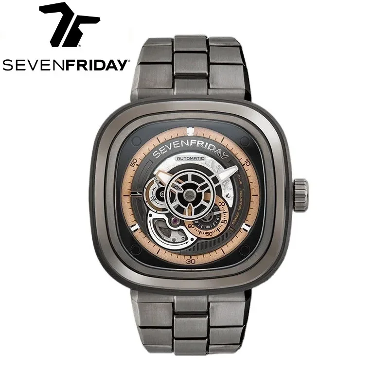 SEVENFRIDAY P series fully automatic hollow mechanical watch men light luxury square watch P2C/01M steel belt model sevenfridays