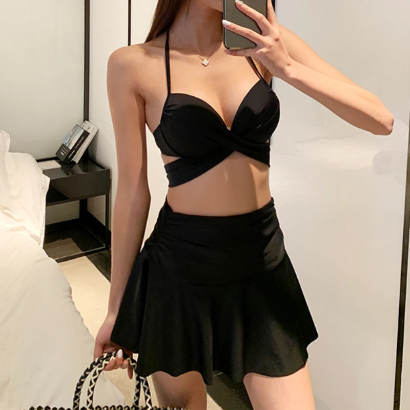 

2024 Fashion Women Sexy Bikini Solid Swimwear 3-Piece Halterneck Backless Hight Waist Short Skirt Swimsuit Vacation Beachwear