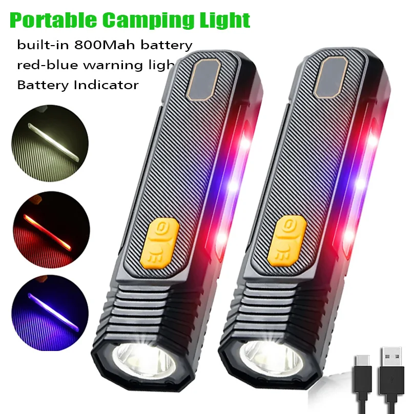 USB Rechargeable LED Flashlight Side Red Blue Caution Emergency Police Light Flashing Warning Safety Torch Outdoor Camping Lamp