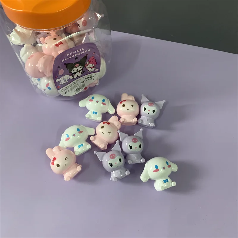 18-36pcs Cartoon Sanrio Kuromi Melody Cinnamoroll Doll Styling Pencil Sharpener Macaron Color Single Hole Pencil Sharpener