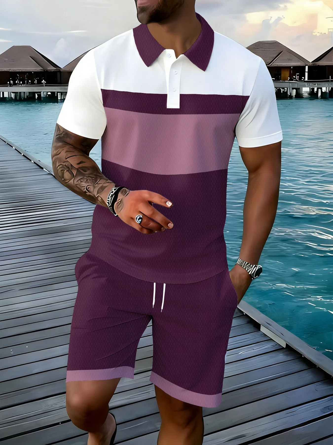 

2026 Summer American Men's Polo Shirt Set for Outdoor Sports Casual Wear Fashionable and Comfortable with 3D Stripes Pattern Pri
