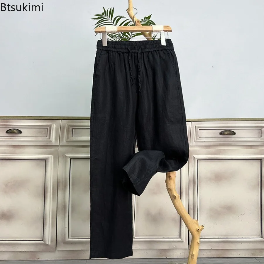 2025 Summer White Men's Cotton Linen Pants Male Autumn New Breathable Solid Color Linen Trousers Loose Streetwear Baggy Pants