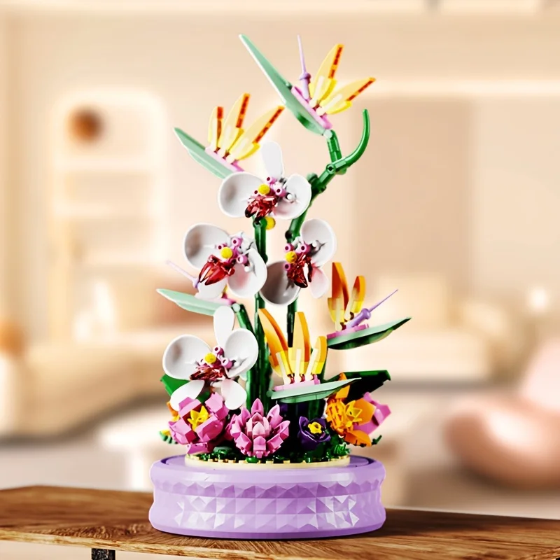 456PCS White Orchid Phalaenopsis Rotating Music Box Building Blocks DIY Flower Bouquet Model Bricks Kids Toy Girls Holiday Gifts