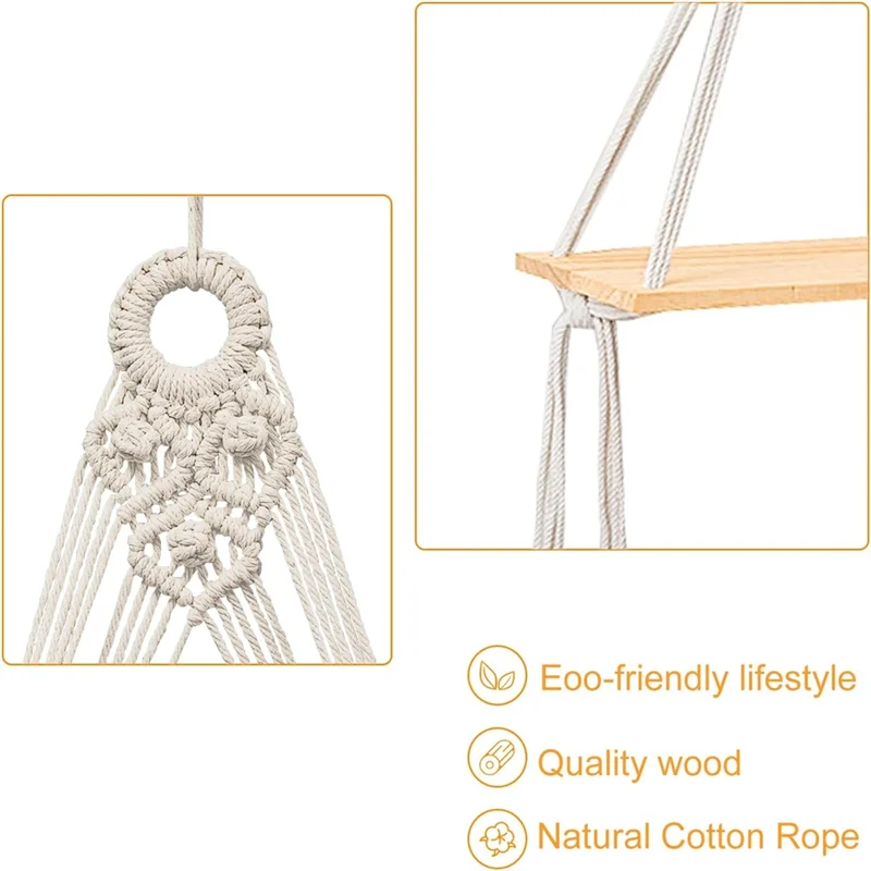 متعددة الاستخدامات 2 قطعة رف معلق البوهيمي رف خشبي النباتات العائمة حبل رفوف حامل الزخرفية C #2