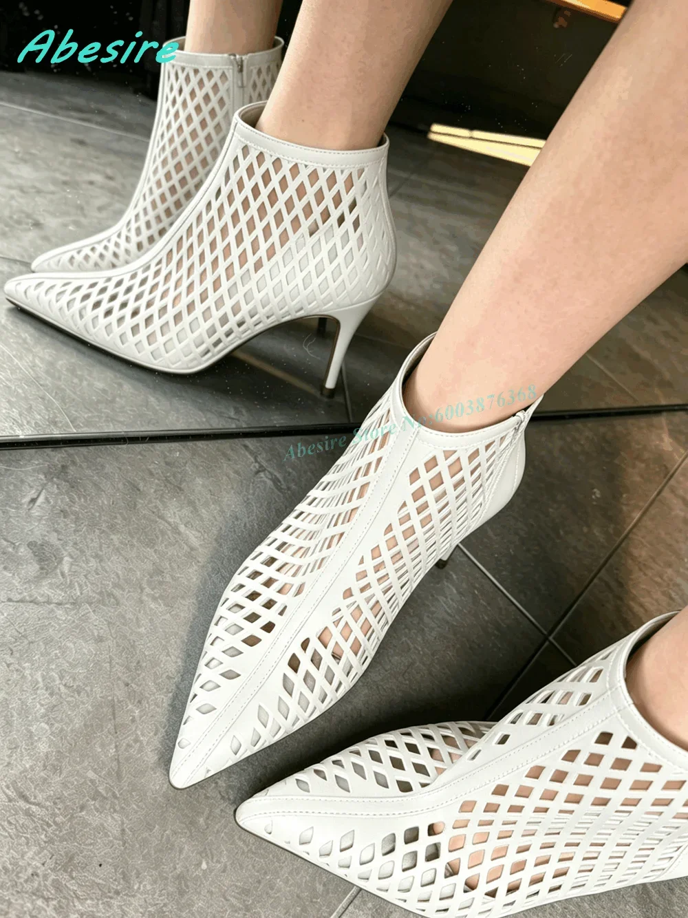 Pointed Toe Thin Heels Cut-Out Women's Sandals Black Leather Hollow Out Mesh Sandal Boots Sexy Summer Party Fashion Show Shoes