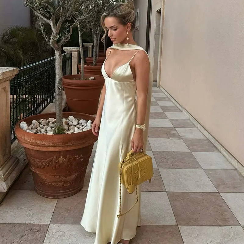 Ticketsx Scarf Satin Dress Women's Sexy V Neck Sleeveless Backless Yellow Slip Dress Summer 2025 Female Evening Party Slim Dress