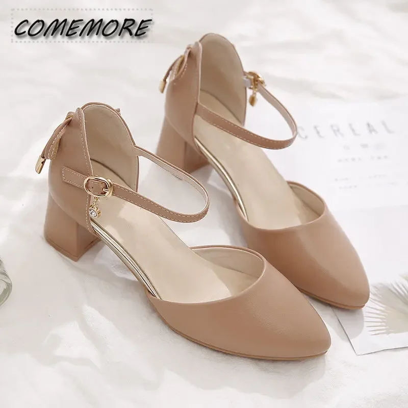 Ladies Shoes 2023 New Pumps Bow Elegant Mid Heels Two-Piece Shoes Buckle Pointed Toe Summer Footwear Fashion Women Shoes Female