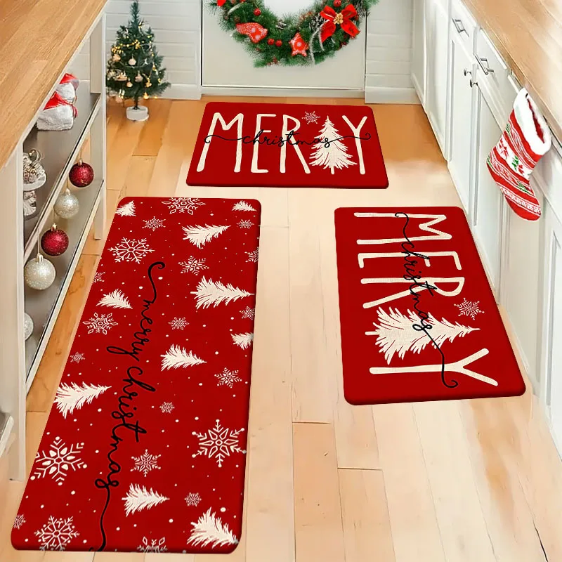 Xmas Red Snowflake Floor Mat Kitchen Runner Rug Bedroom Living Room Laundry Area Rug 1/2/3pcs Set Entryway Welcome Decor Doormat
