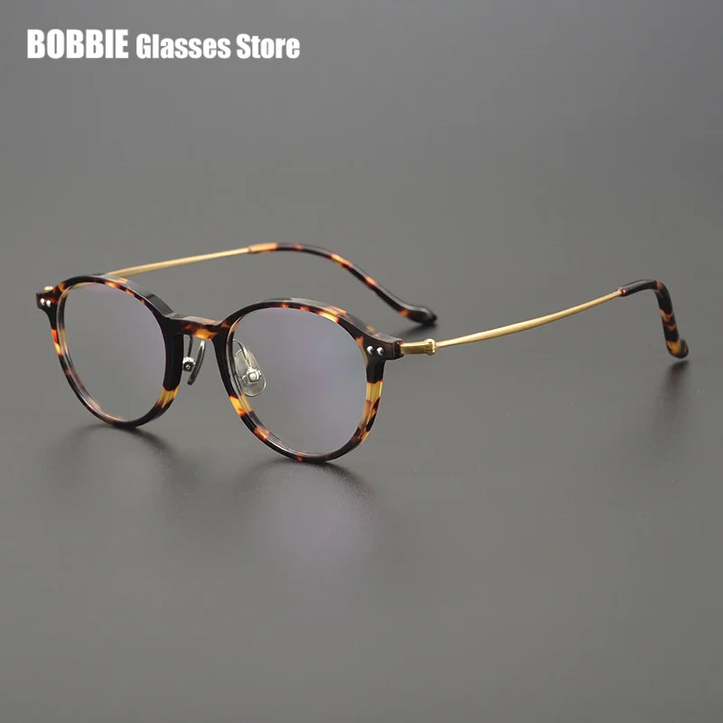 Acetate Glasses Frame Retro Small Round Frames Pure Titanium Spectacle Ultralight Myopia Eyglasses Japanese Handmade Designer