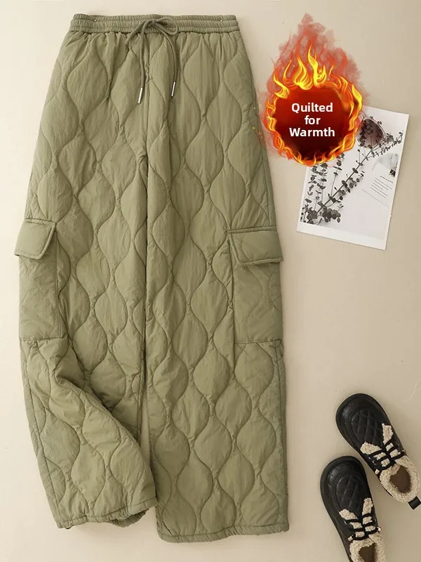 

Warm Cotton Workwear Pants with ket Casual Sle Bootcut Trousers for plus Size Women Dstring Slimming Wide Leg Pants