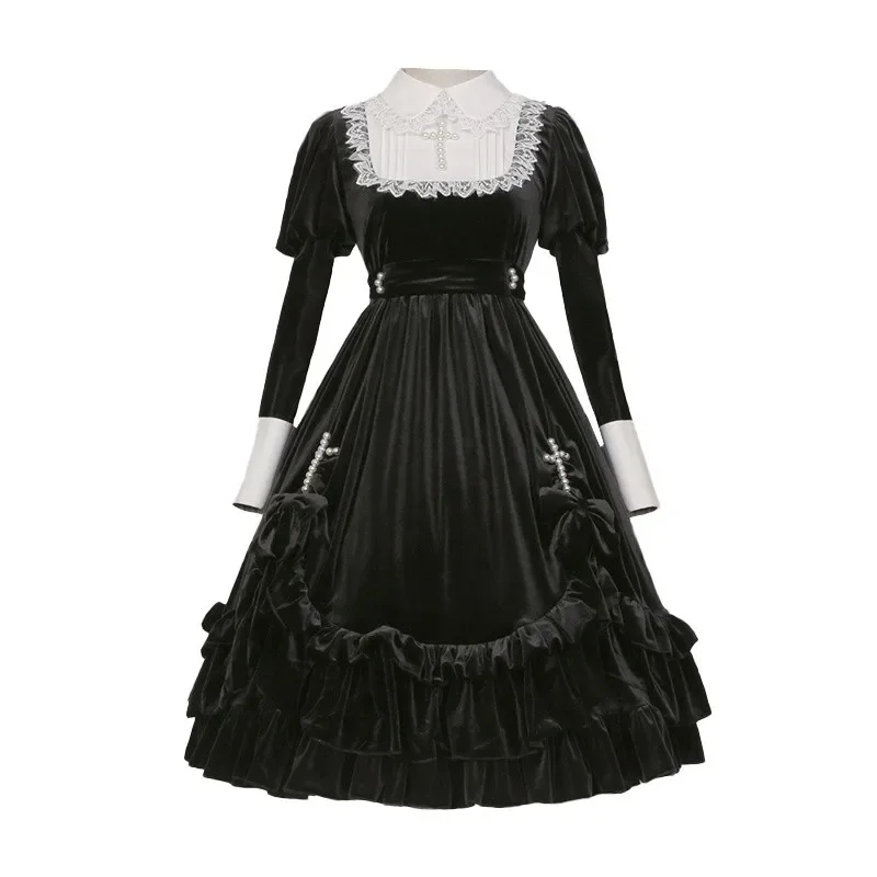 Robe Lolita Gothique Rétro à Manches sulfen Velours Foncé, Tenue de Princesse Vintage, avec Croix OP, Costume d'Halloween, Automne et Hiver