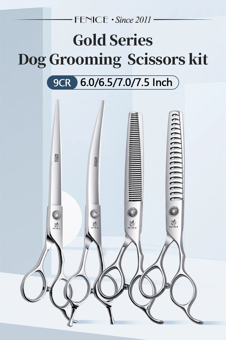 Fenice Professional Home Pets Grooming Set 6/6,5/7/7,5 Zoll Lagerschraube gerade gebogene Effilierschere für Hunde/Katze – Detail 1