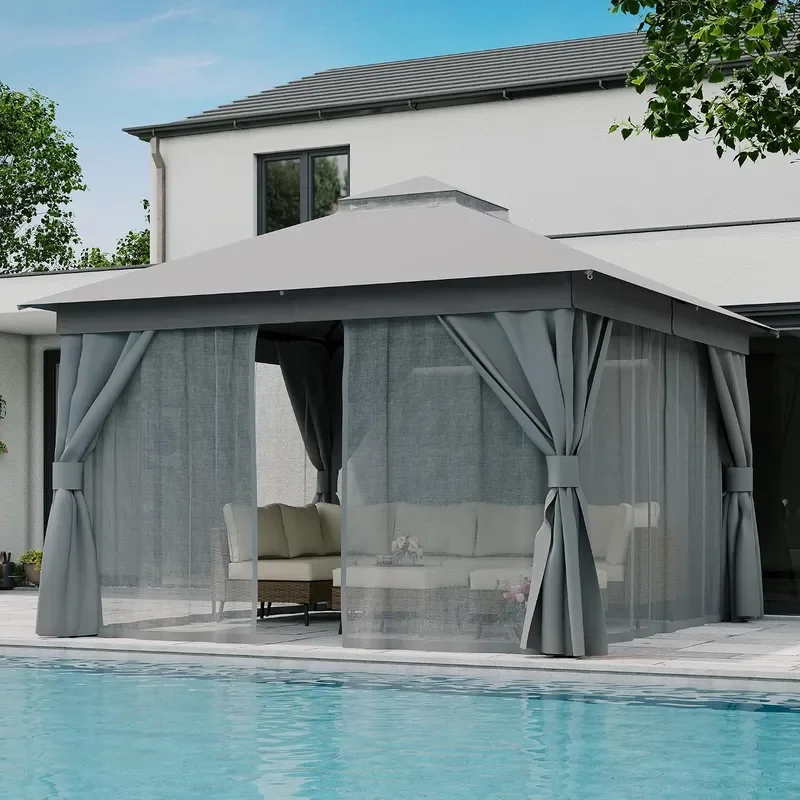 Patio Gazebo 12x12 Outdoor Heavy Duty Party Tent Shelter with Double Roofs Mosquito Nettings and Privacy Screens for Backyard
