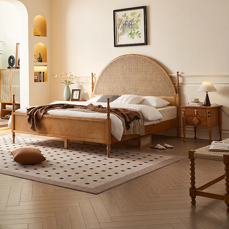 Retro rattan bed, household small apartment, Nordic solid wood double bed, wabi-sabi
