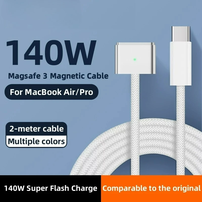 New Multi-Color USB-C To Magsafe 3 PD 140W Magnetic Charging Braid Cable, for MacBook Air/Pro A2485 A2442 A2681 A2780 A2779