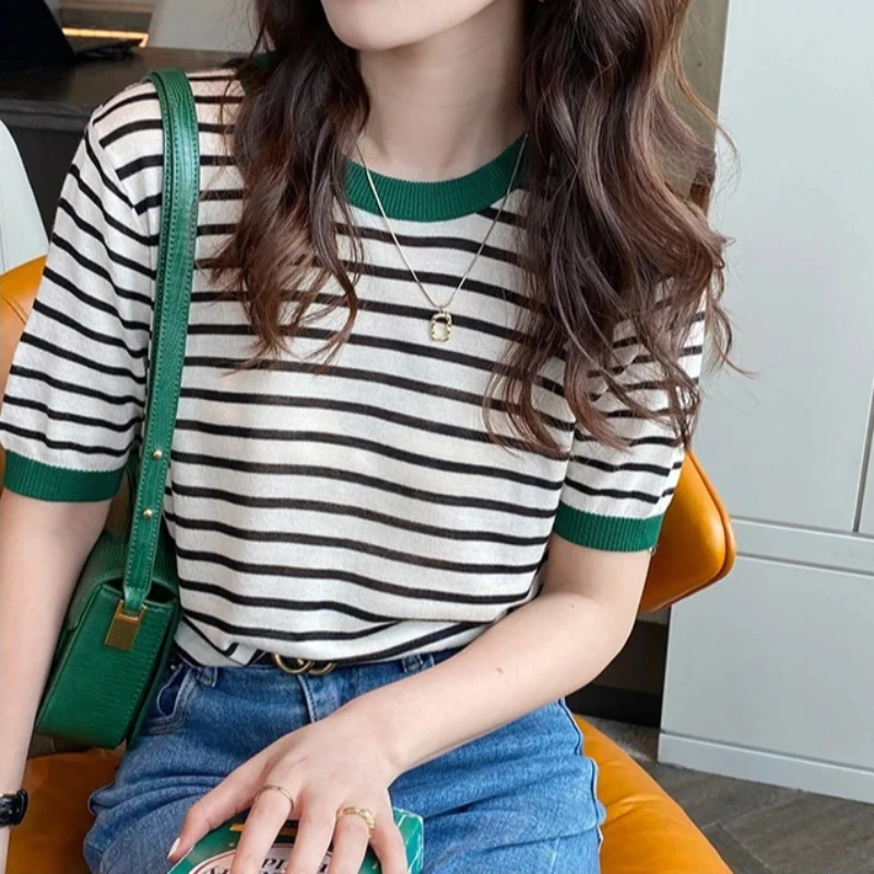 

Женский вязаный топ в полоску с коротким рукавом, круглым вырезом, пуловер-свитер, классическая шикарная футболка, весна-лето 2026