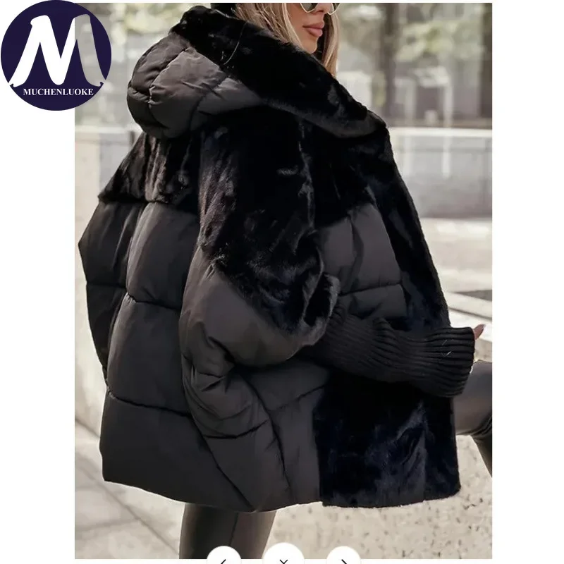 여성용 우아한 후드 겨울 재킷 두꺼운 보온 캐주얼 루즈 숏 파카 한국 패션 스플라이스 따뜻한 코트