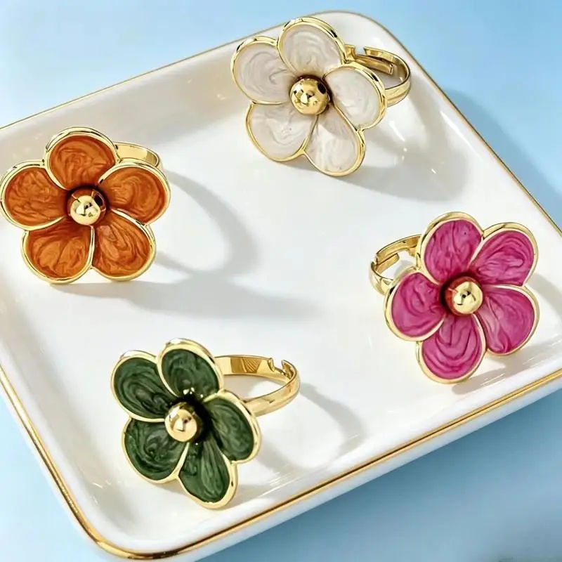 Gold Plated Enamel Flower Ring Cute Bright Color Floral Design Resizable for Ladies Daily Commute Matching Jewelry Gift