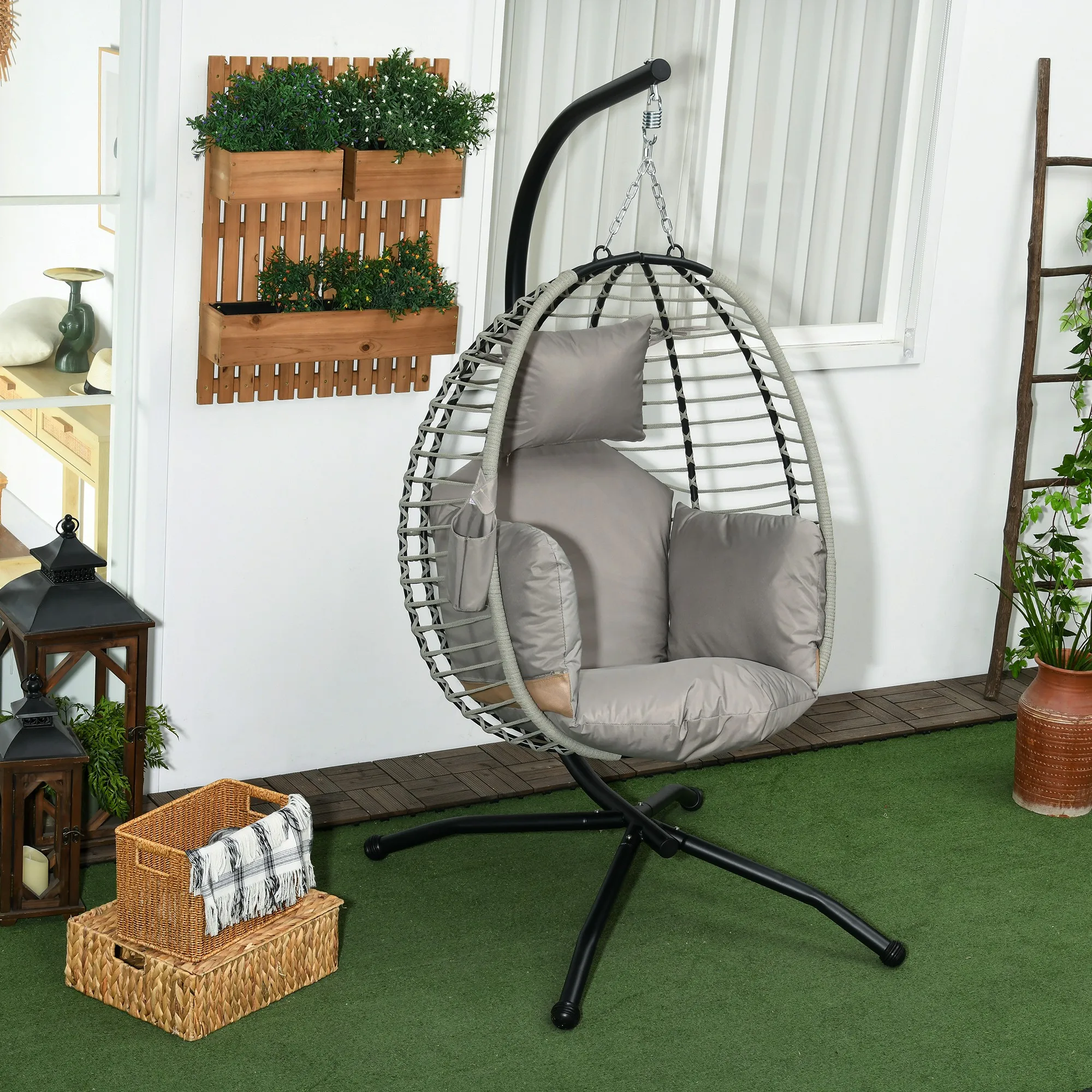 Outsunny Silla Colgante Huevo con Soporte Cesta Plegable Cojín Gris y Negro