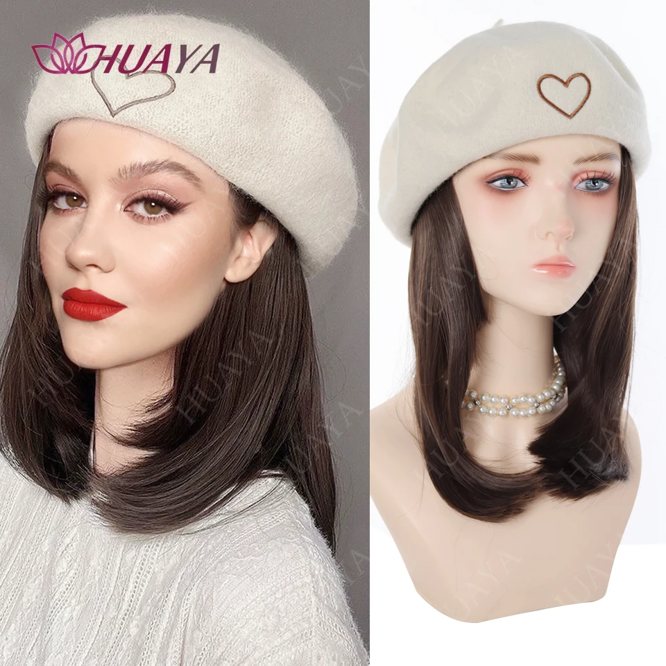 

Женская синтетическая шляпа, парик с беретом, волосы средней длины, осенне-зимняя шапка, наращивание волос, аксессуары для волос