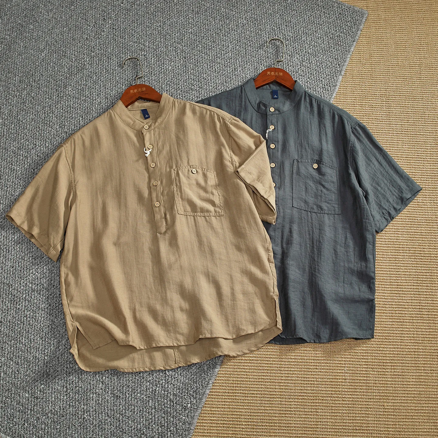 

Summer New Japanese Retro Short-Sleeve Henry Collar Breathable Linen Blended Shirt Men's Fashion Washed Comfort Casual Blouses